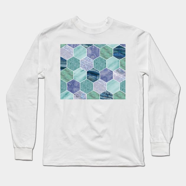 Mixed greens & blues - marble hexagons Long Sleeve T-Shirt by marbleco